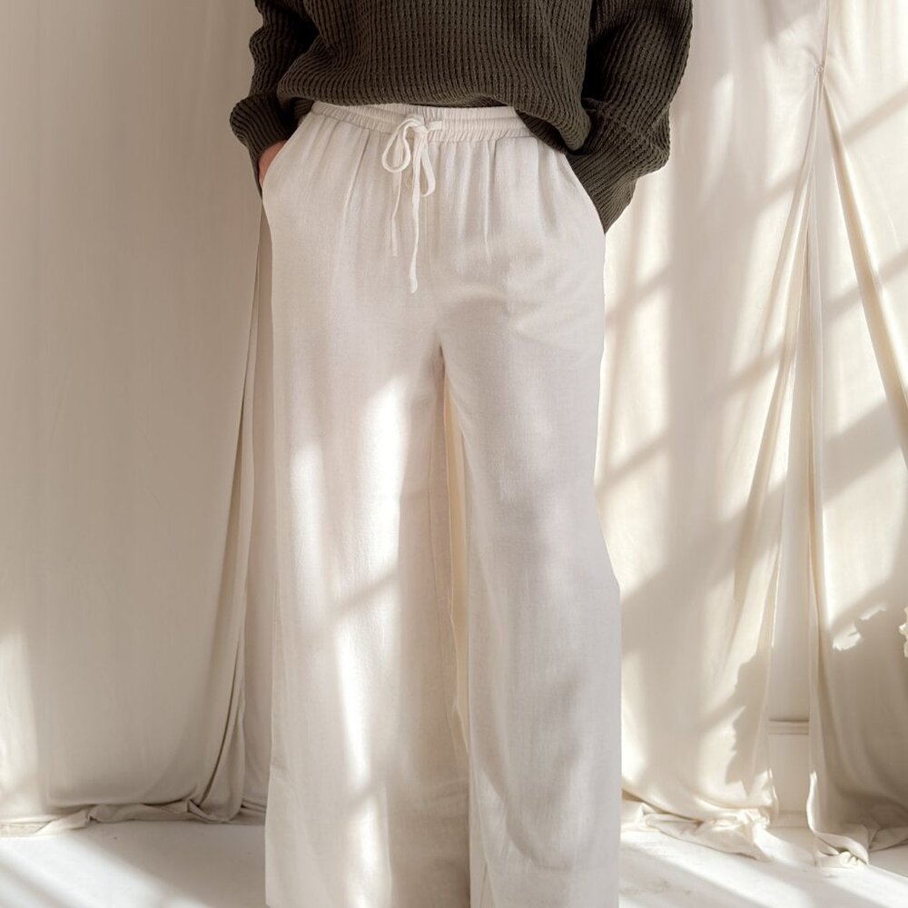 Ivory Linen Blend Wide Leg Drawstring Pants - Picture 2 of 16